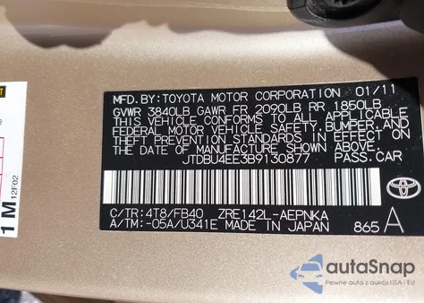 2011 Toyota Corolla Le из США, поврежденный, VIN JTDBU4EE3B9130877